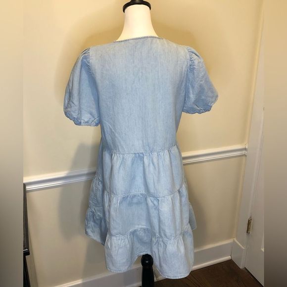ZARA Blue V-Neck Short Puff Sleeve Babydoll Dress w Tiered Skirt Sz MD - Picture 7 of 16